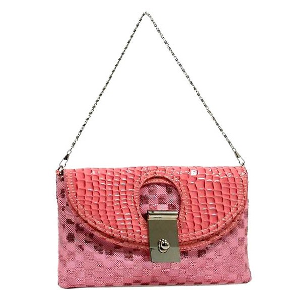 Evening Bag - Sequined Checker w/ Croc Embossed Dual Flap - Pink - BG-CE9913PK